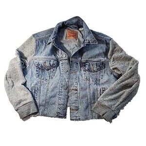LEVIS Jacket Mens Extra-Large Trucker Cut Off Flannel Sleeves Denim Blue Jean XL